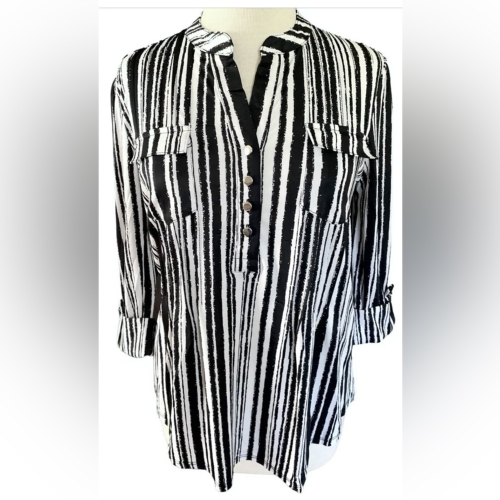 COCOMO Small White Black 3/4 sleeve women’s Pintuck Blouse tunic top shirt